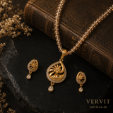 Golden Floral Teardrop Pendant Set with Matching Earrings