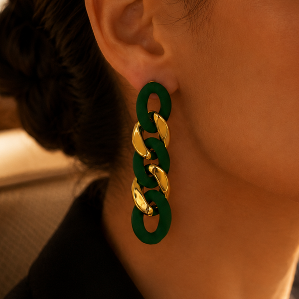 Vervit Emerald Chain Gold-Tone Green Drop Earrings