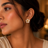 Vervit Floral Stud Earrings for Women – White & Gold Finish, Pair of 2
