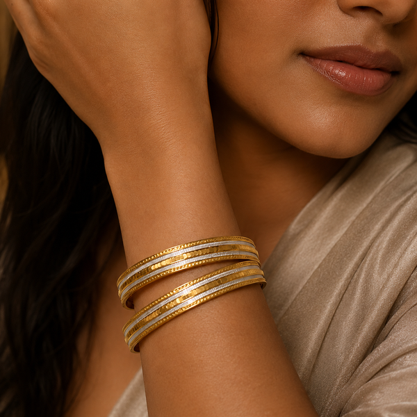 VERVIT Gold Plated Two-Tone Textured Bangle Set for Women