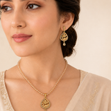 Golden Floral Teardrop Pendant Set with Matching Earrings