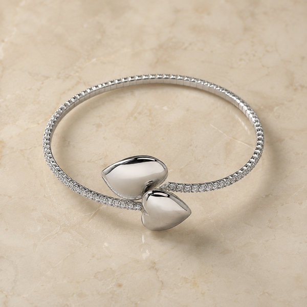 Vervit Silver Double Heart Open Bangle for Women – Anti-Tarnish 316L Stainless Steel