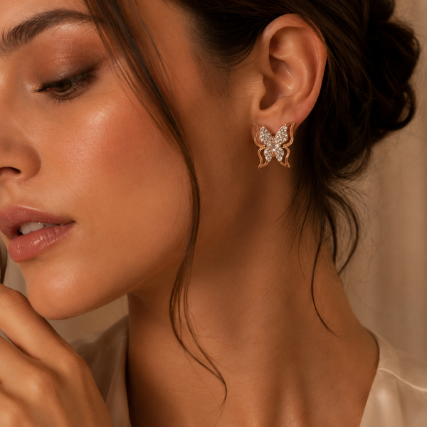 Vervit Wings of Light Earrings | Pave Crystal Butterfly Studs in Rose Gold