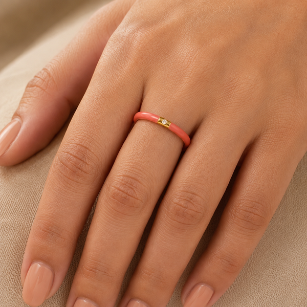 Vervit Gold Pink Enamel Open Cuff Ring for Women – 18K Gold Plated 316L Stainless Steel