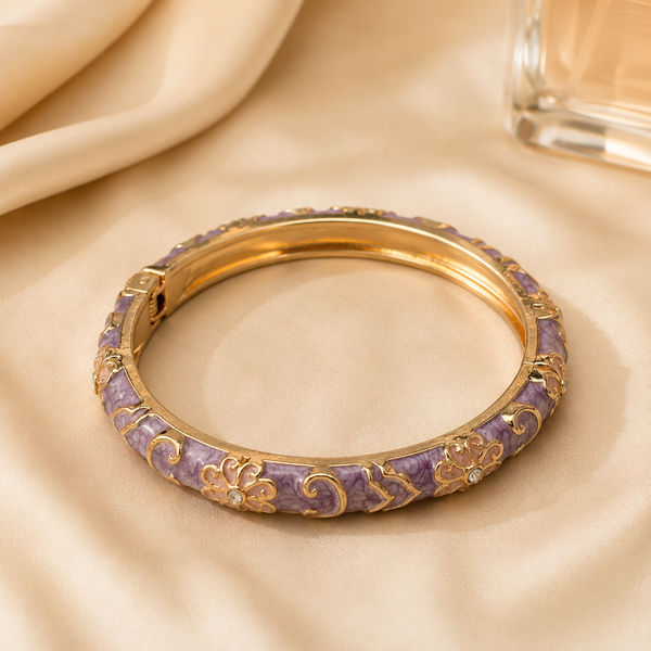 Vervit Lavender Floral Enamel Bangle for Women – 18K Gold-Plated Anti-Tarnish Stainless Steel