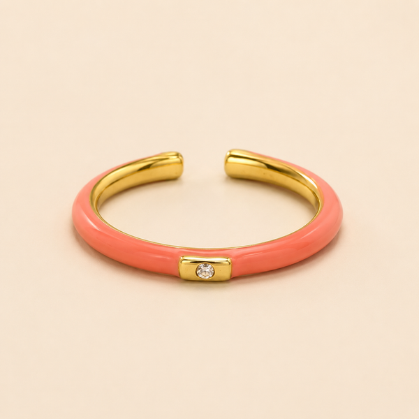 Vervit Gold Pink Enamel Open Cuff Ring for Women – 18K Gold Plated 316L Stainless Steel