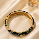 Vervit Black Enamel Floral Bangle for Women – 18K Gold-Plated Anti-Tarnish Stainless Steel