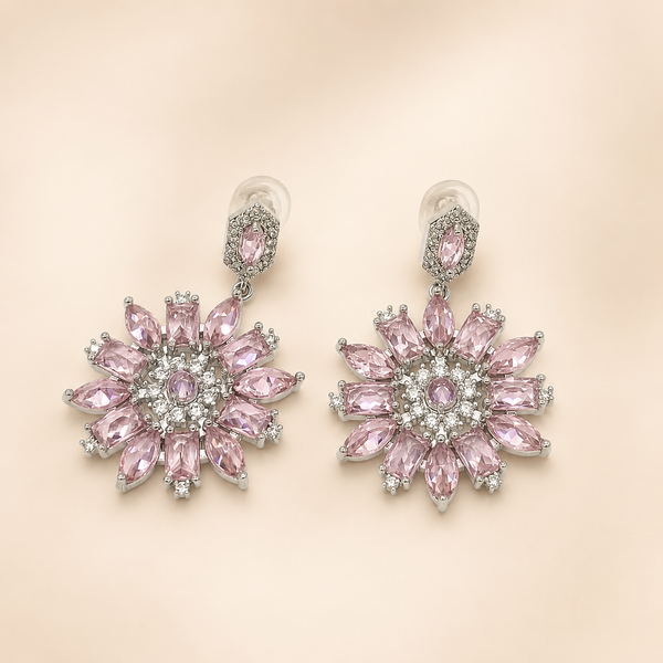 Vervit Silver Pink Floral Drop Earrings for Women – Anti-Tarnish 316L Stainless Steel