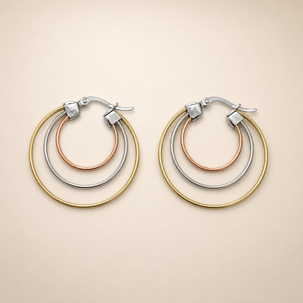 Vervit Triple-Tone Layered Hoop Earrings for Women – 316L Stainless Steel with 18K Gold-Plated PVD Finish
