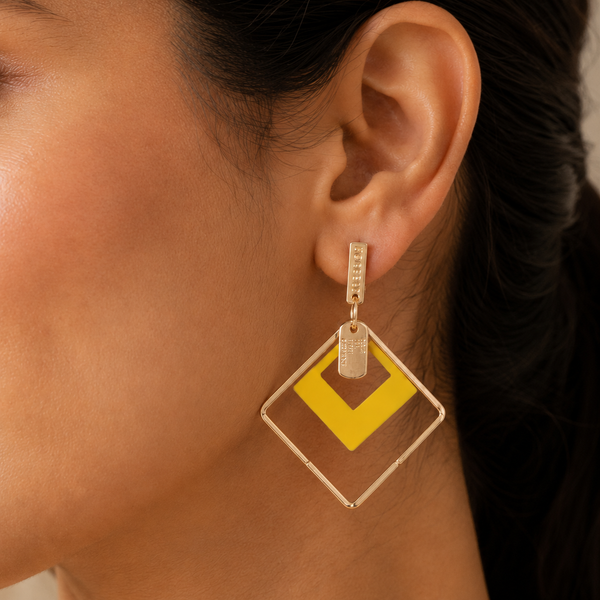 Vervit Geometric Drop Earrings for Women – 18K Gold Plated 316L Stainless Steel with Yellow Enamel Accent