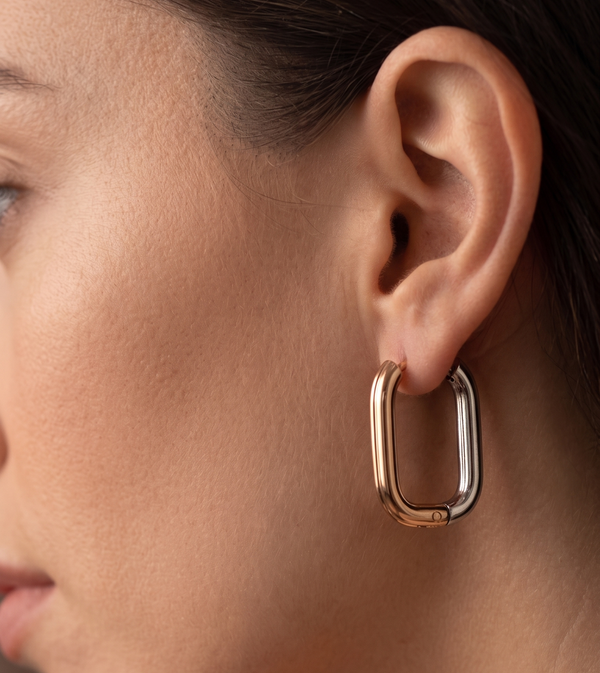 Dual-Tone Oval Hoop Earrings in Rose Gold & Silver for Premium Occasion Wear