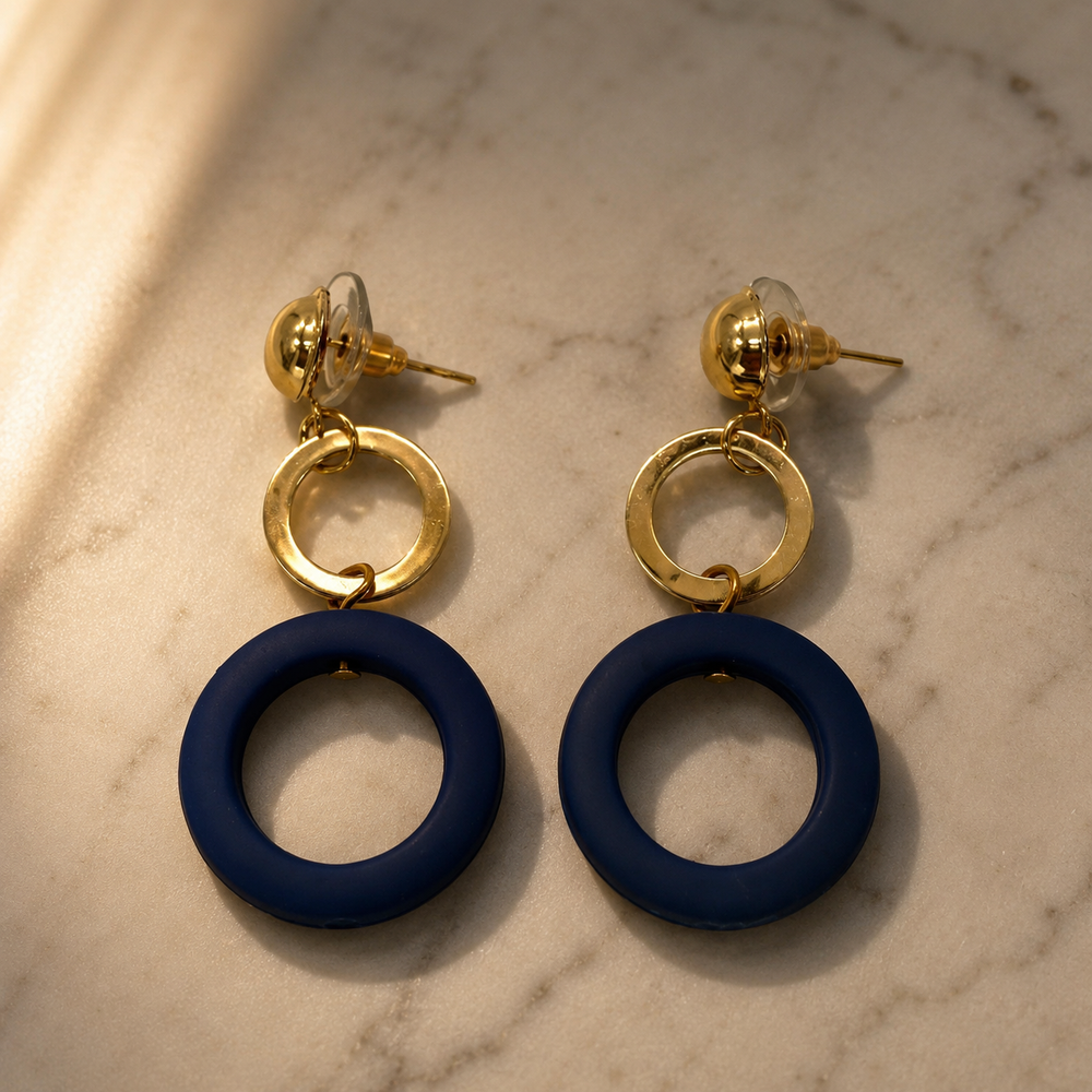 VERVIT Two-Tone Geometric Ring Drop Earrings — Gold & Navy