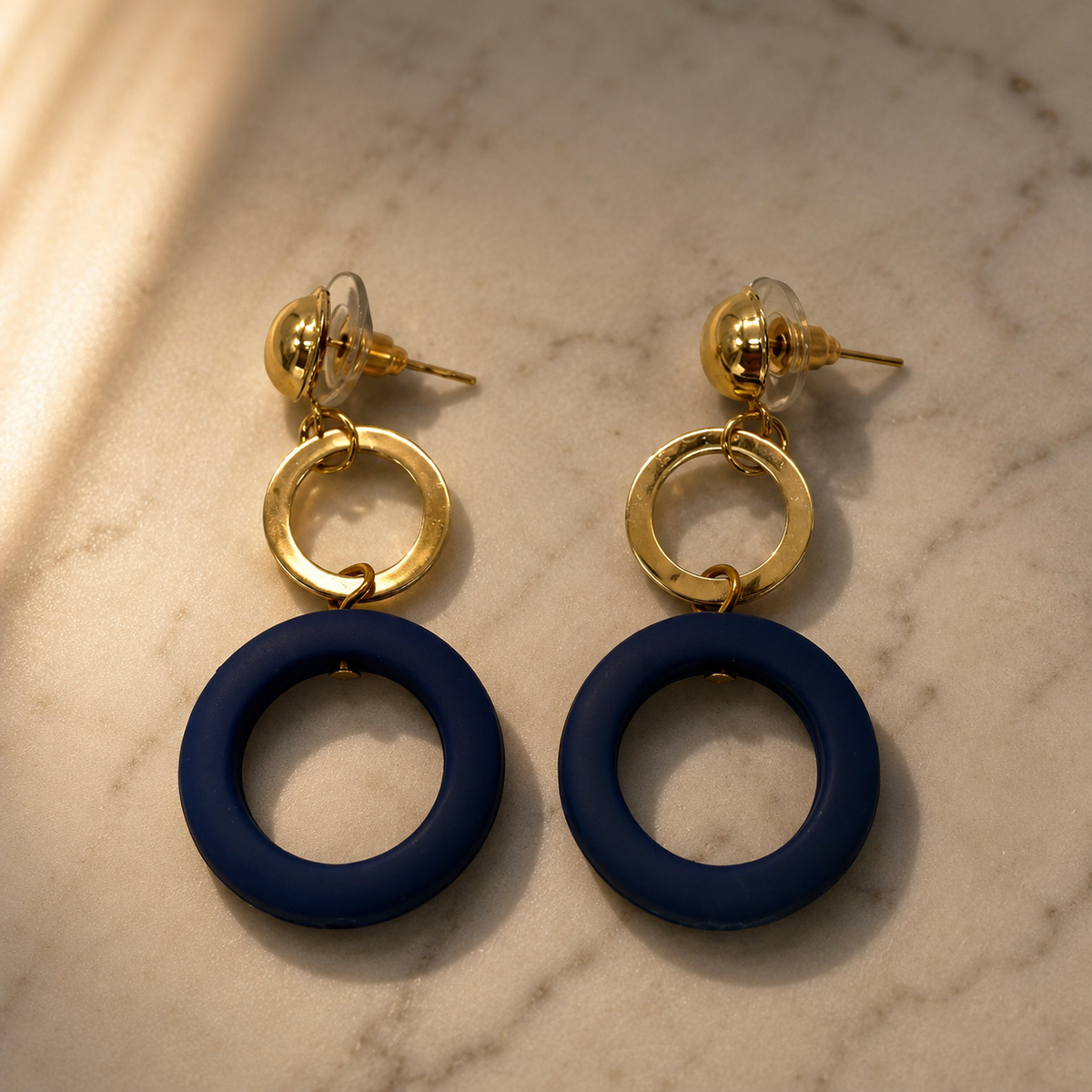 VERVIT Two-Tone Geometric Ring Drop Earrings — Gold & Navy