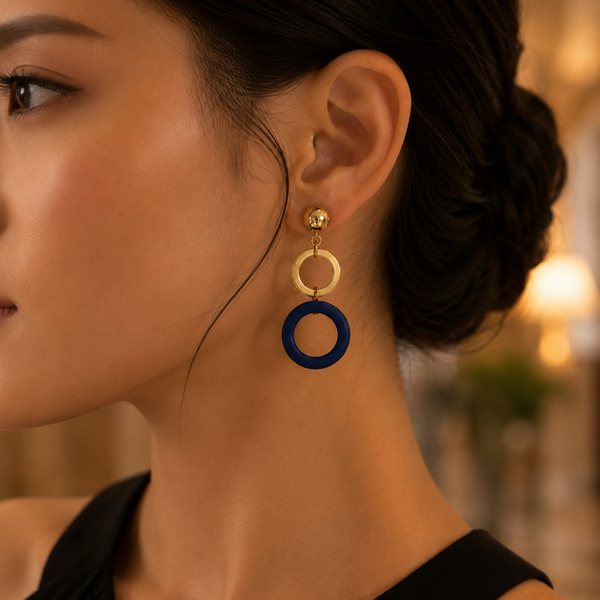 VERVIT Two-Tone Geometric Ring Drop Earrings — Gold & Navy