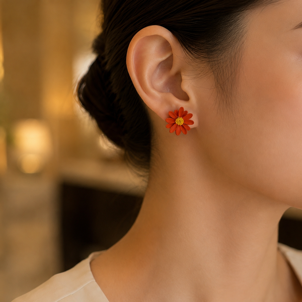 Orange Flower Stud Earrings for Brunch & Festive Wear | VERVIT